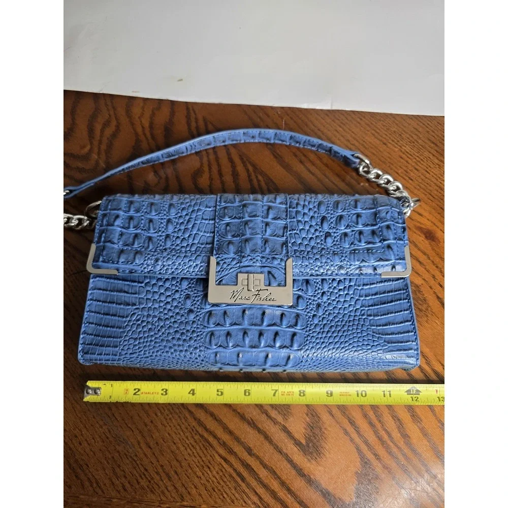 Mark Fisher Women's Purse Handbag Blue Croc Print Faux Chain Clutch Gold Snap
